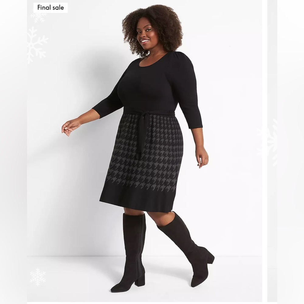 NWT Lane Bryant Long-Sleeve Belted Fit & Flare Sweater‎ Dress Black & Grey 14/16